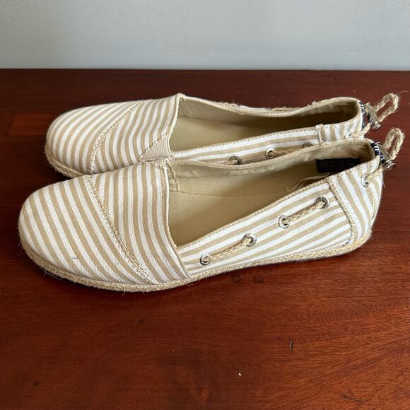Nautica Rudder Striped Canvas Adjustable Flats Tan White Stripe Size 10 Summer - Picture 3 of 8